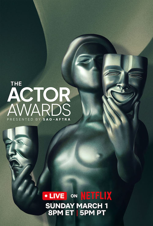 32nd Annual Actor Awards Presented by SAG-AFTRA key art featuring the show logo and a faceless statue holding a comedy mask.